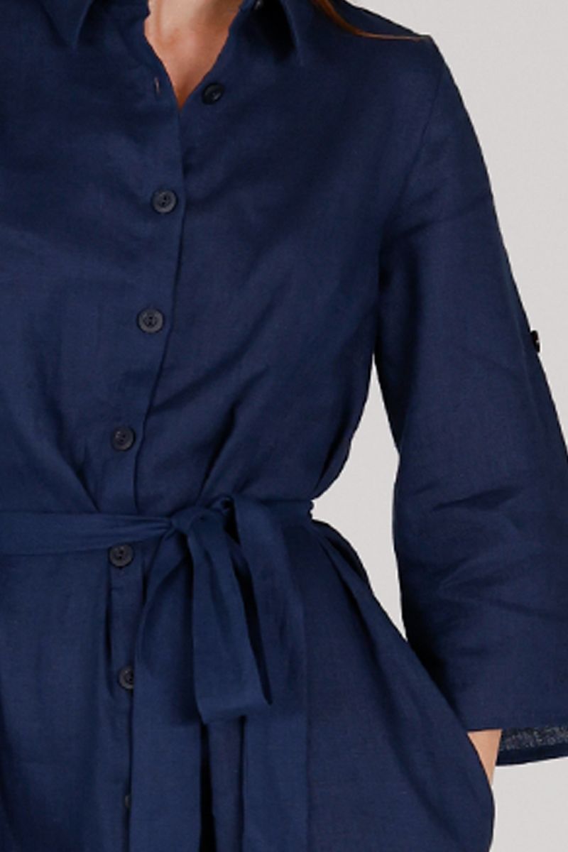 Donna marineblå skjortekjole i lin