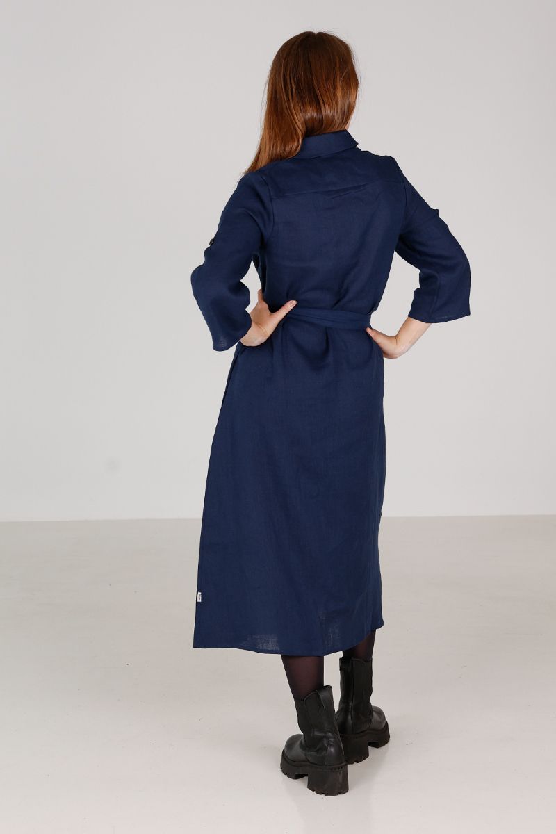 Donna marineblå skjortekjole i lin